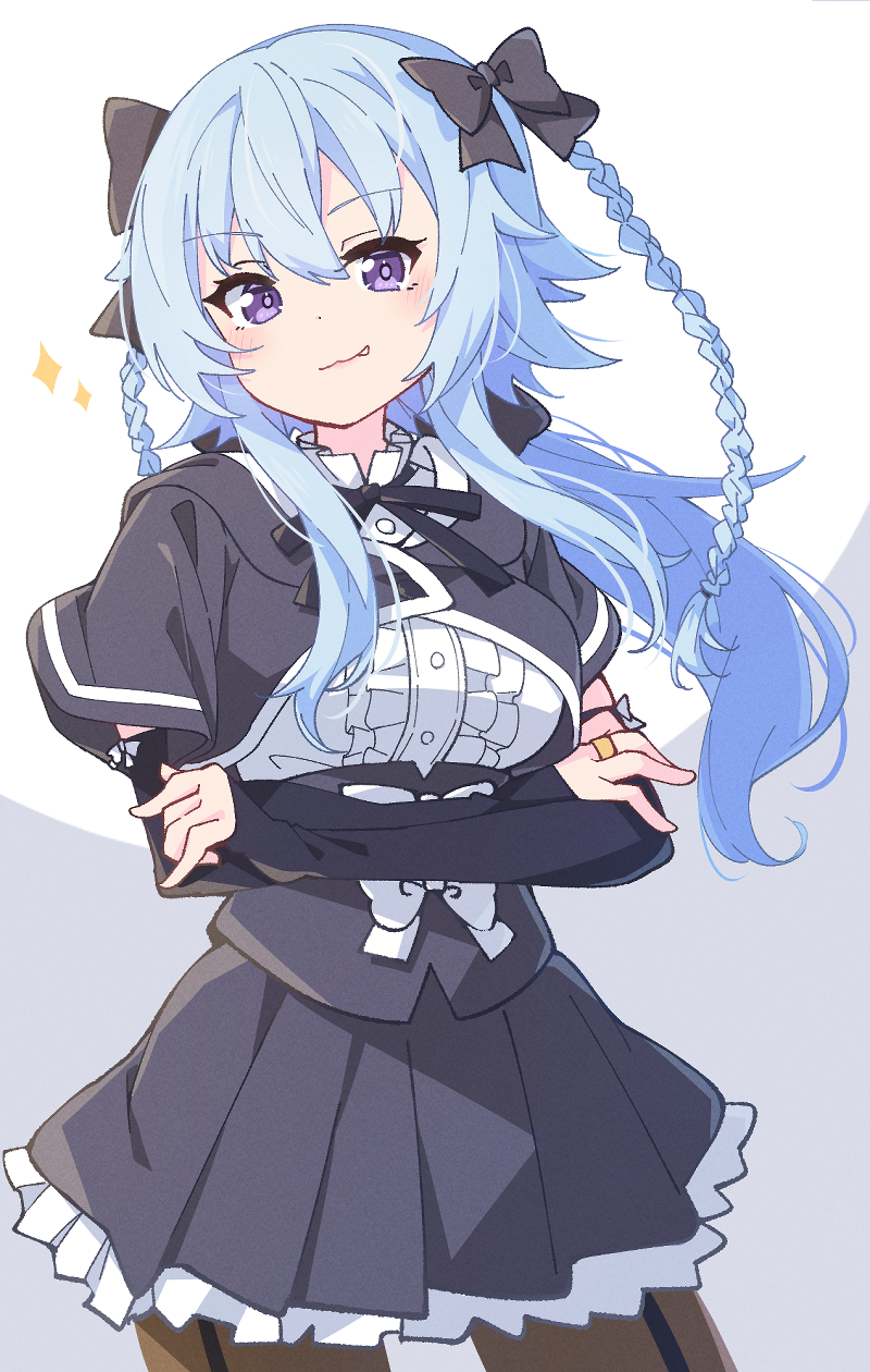 1girl assault_lily black_bow black_ribbon black_skirt blue_hair blush bow braid breasts brown_pantyhose buttons center_frills closed_mouth commentary_request cowboy_shot cropped_jacket crossed_arms detached_sleeves fang fang_out frilled_shirt frilled_shirt_collar frilled_skirt frills garter_straps grey_background hair_between_eyes hair_bow hands_up highres hood hood_down jewelry long_hair long_sleeves looking_at_viewer medium_breasts miniskirt mori_tatsuki morugen neck_ribbon pantyhose purple_eyes ribbon ring school_uniform shirt sidelocks skirt sleeve_bow sleeves_past_wrists smile solo sparkle standing twin_braids two-tone_background underbust white_background white_bow yurigaoka_girls_academy_school_uniform