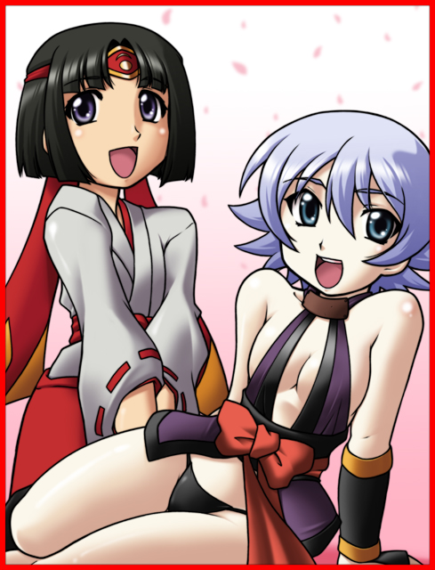 00s 2girls :d aged_down aqua_eyes bad_anatomy black_hair blue_eyes border chibi child harada_shoutarou multiple_girls musha_miko_tomoe open_mouth poorly_drawn queen&#039;s_blade red_border shizuka_(queen&#039;s_blade) silver_hair smile tomoe_(queen&#039;s_blade) tomoe_(queen&#039;s_blade)