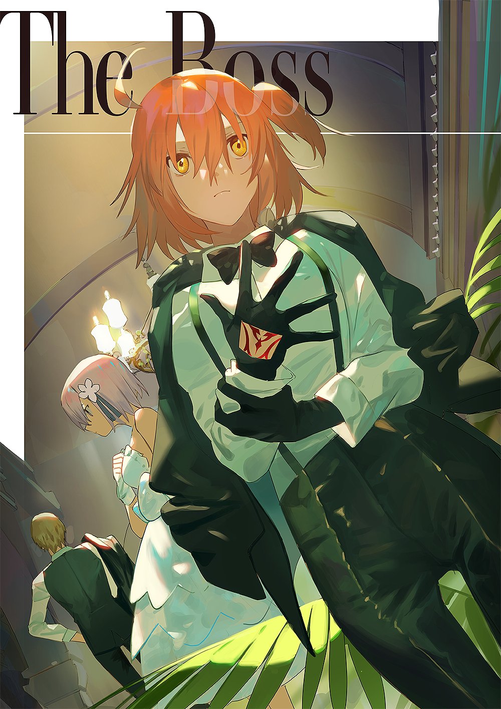 1boy 2girls ahoge akira_(akira_arika_d) alternate_costume back bad_id bad_twitter_id black_bow black_gloves black_jacket black_pants bow breasts candle closed_mouth command_spell commentary_request dress english_text fate/grand_order fate_(series) flower formal_clothes fujimaru_ritsuka_(female) gilgamesh_(fate) gloves hair_between_eyes hair_flower hair_ornament hand_on_own_chest high-waist_pants highres indoors jacket jacket_on_shoulders jacket_over_shoulder unworn_jacket mash_kyrielight mash_kyrielight_(formal_dress) multiple_girls official_alternate_costume orange_hair pants plant shirt short_hair side_ponytail suit suspenders white_dress white_flower white_gloves white_shirt yellow_eyes