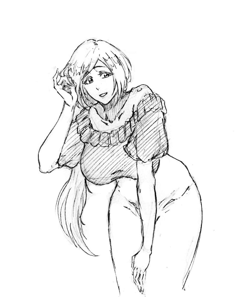 1girl bleach bleach:_epilogue breasts collarbone dress inoue_orihime kubo_tite_(style) large_breasts long_hair mature_female rakusakugk solo