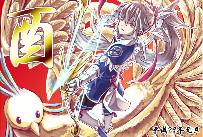 1boy animal arrow_(projectile) bird bow_(weapon) fire_emblem fire_emblem_fates holding holding_weapon japanese_clothes male_focus nintendo ponytail silver_hair solo solo_focus takumi_(fire_emblem) translation_request weapon yoneko