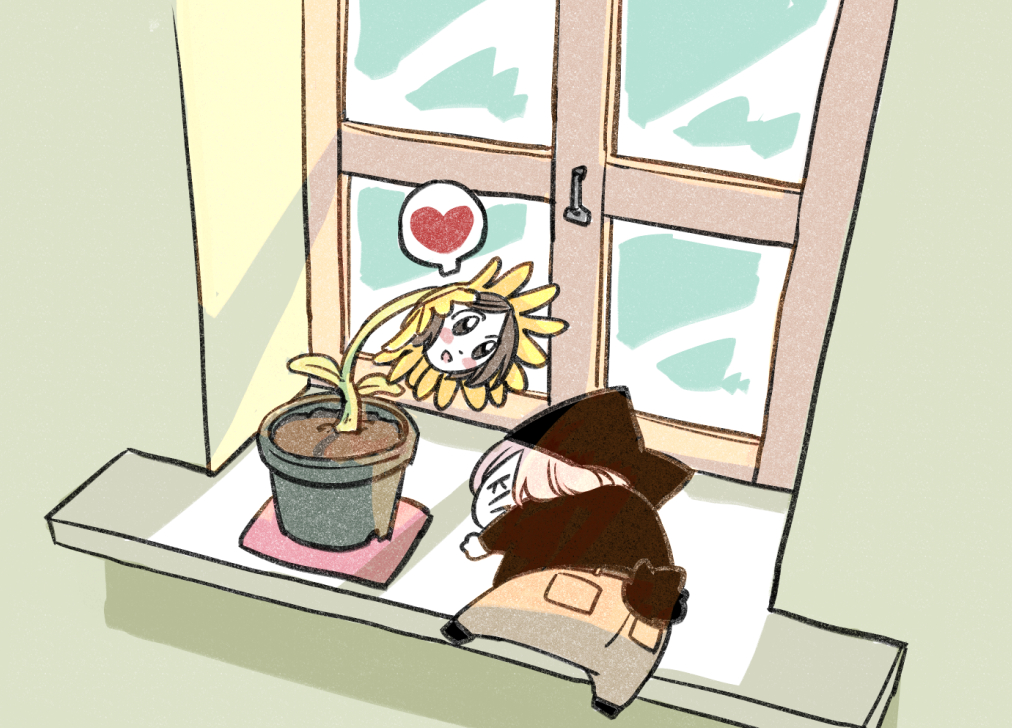 1boy 1girl animal_hat cat_boy cat_hat cat_tail chibi commentary_request flower full_body hat human_head indoors lying nyen_(randal&#039;s_friends) on_side pink_hair plant potted_plant randal&#039;s_friends short_hair sleeping sunlight tail tsukasa_(tsukasa_mimizuku) window yellow_flower
