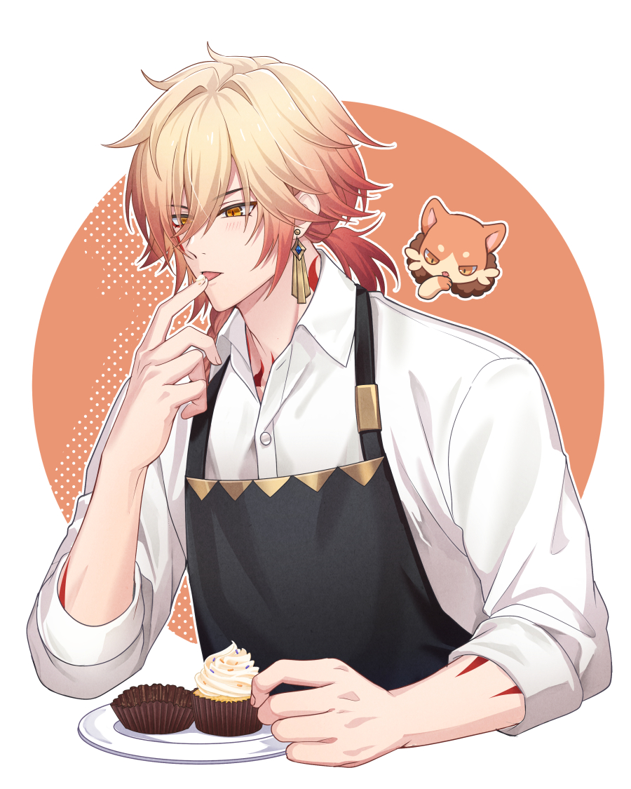 1boy alternate_costume arm_tattoo black_overalls blonde_hair braid cupcake earrings food gradient_hair hair_between_eyes honkai:_star_rail honkai_(series) jewelry jiman long_hair male_focus multicolored_hair mydei_(honkai:_star_rail) neck_tattoo overalls plate ponytail red_hair red_tattoo shirt simple_background solo tattoo tongue tongue_out white_background white_shirt yellow_eyes
