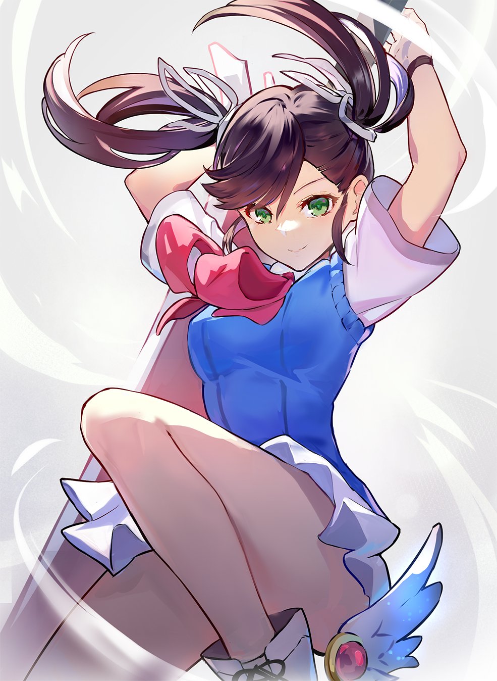1girl alternate_color ankle_wings bow brown_hair green_eyes hair_ribbon highres long_hair nanase_(under_night_in-birth) player_2 qitoli ribbon school_uniform skirt smile solo sweater_vest sword twintails under_night_in-birth weapon wings
