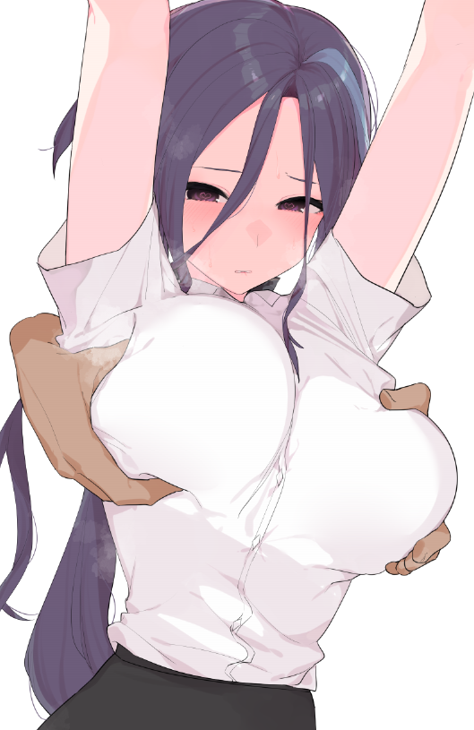 1girl alternate_costume arms_up black_skirt blue_hair blush breasts breath clorinde_(genshin_impact) collared_shirt commentary contemporary disembodied_hand furrowed_brow genshin_impact grabbing_another&#039;s_breast grabbing_from_behind groping hair_between_eyes large_breasts long_hair long_hair_between_eyes looking_at_viewer multicolored_hair parted_bangs purple_eyes purple_hair shikosour shirt shirt_tucked_in short_sleeves simple_background skirt solo_focus steaming_body streaked_hair two-tone_hair unaligned_breasts white_background white_shirt wing_collar