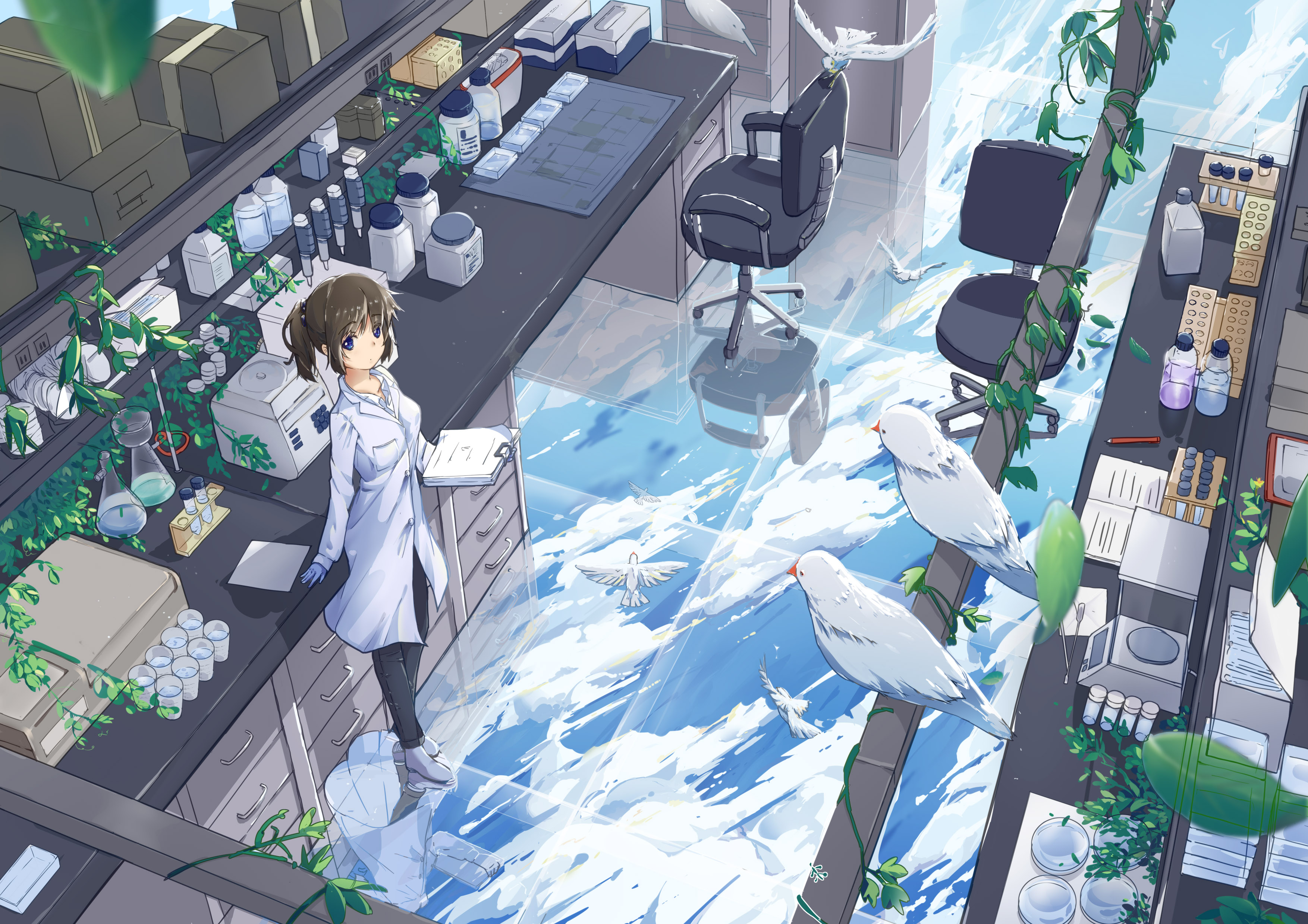 1girl absurdres beaker bird blue_eyes blue_sky book bottle box brown_hair chair clipboard closed_lab_coat cloud desk drawer from_above gloves highres lab_coat laboratory morisan office_chair open_book original paper pencil plant ponytail reflective_floor short_hair sky standing swivel_chair test_tube test_tube_rack vines weighing_scale