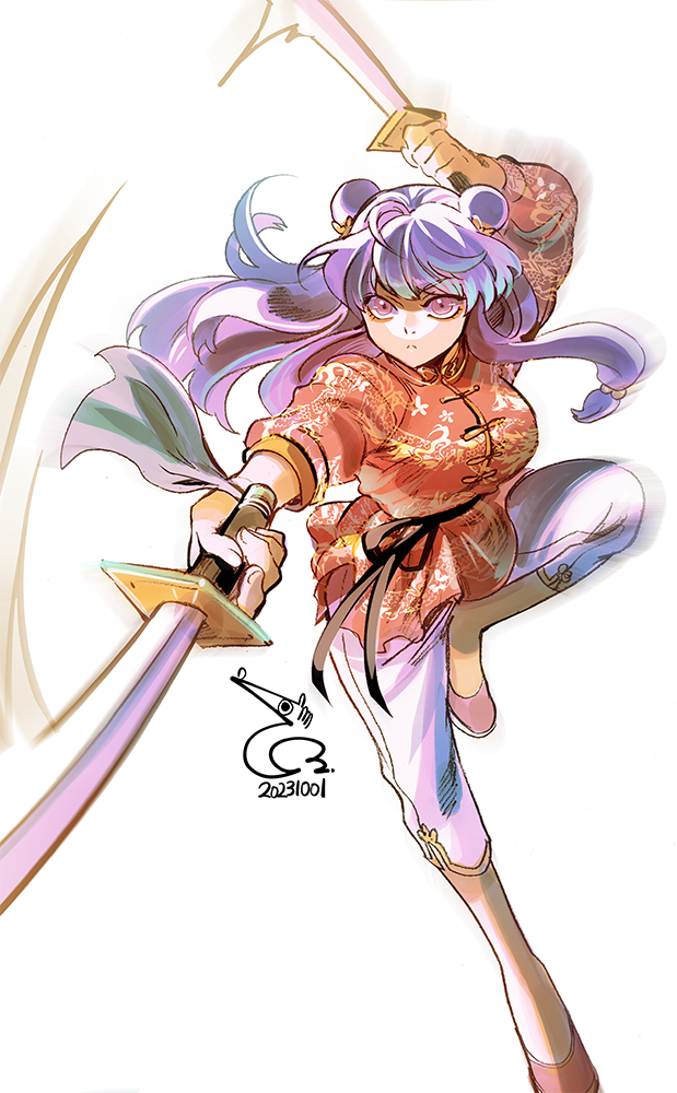 1girl bad_id bad_pixiv_id bae_(baebae) bow chinese_clothes dated double_bun hair_bow hair_bun holding holding_sword holding_weapon long_hair pants purple_hair ranma_1/2 shampoo_(ranma_1/2) sidelocks signature simple_background sword weapon white_background yellow_bow