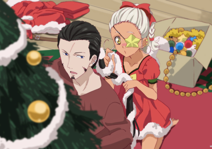1boy 1girl barefoot black_hair braid braided_ponytail christmas christmas_tree dark-skinned_female dark_skin dress eyepatch fumiko_(mesushi) long_hair qq_selesneva ricardo_soldato santa_costume santa_dress tales_of_(series) tales_of_innocence white_hair yellow_eyes