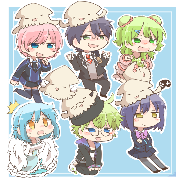 2boys 4girls :d bandaged_hand bandages black_jacket black_pants blazer blue_background blue_eyes blue_hair blue_skirt bow brown_eyes camisole chibi double_bun elbow_gloves gloves green_camisole green_eyes green_hair grey_pantyhose grey_sweater hair_bun hood hood_down hooded_jacket jacket kenmochi_touya kenmochi_touya_(1st_costume) moira_(1st_costume)_(nijisanji) moira_(nijisanji) morinaka_kazaki morinaka_kazaki_(2nd_costume) multiple_boys multiple_girls nijisanji open_clothes open_jacket open_mouth outline pants pantyhose pink_hair pink_jacket pink_shorts polka_dot_camisole puffy_short_sleeves puffy_sleeves purple_bow purple_hair rebecca_(keinelove) school_uniform shibuya_hajime shibuya_hajime_(1st_costume) shirt shizuka_rin shizuka_rin_(1st_costume) short_sleeves shorts skirt slippers smile sweater virtual_youtuber white_gloves white_outline white_shirt white_slippers yuuhi_riri yuuhi_riri_(1st_costume)