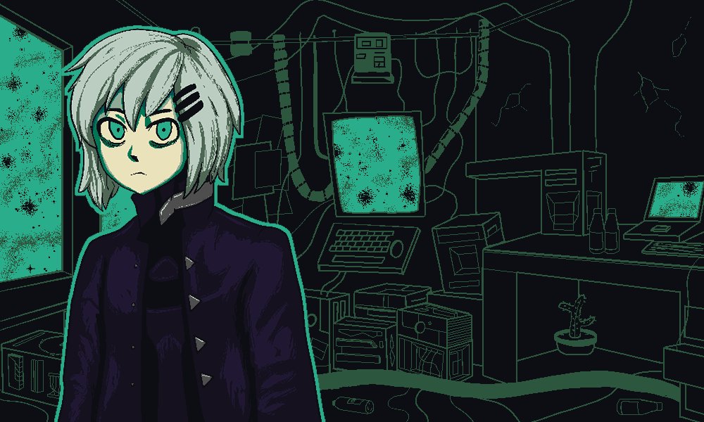 1girl aqua_eyes aqua_outline bags_under_eyes bodysuit bodysuit_under_clothes bottle cable cactus coat colored_shadow commentary computer computer_keyboard crack cracked_wall dark dark_room english_commentary grey_hair hair_ornament hairclip indoors jaggy_lines limited_palette looking_at_viewer magnemagne marie_(peripeteia) messy_room milk_inside_a_bag_of_milk_inside_a_bag_of_milk monitor open_clothes open_coat outline parody partially_colored peripeteia plant popped_collar potted_plant purple_coat screen_light shadow short_hair solo standing trench_coat triangle_button upper_body window