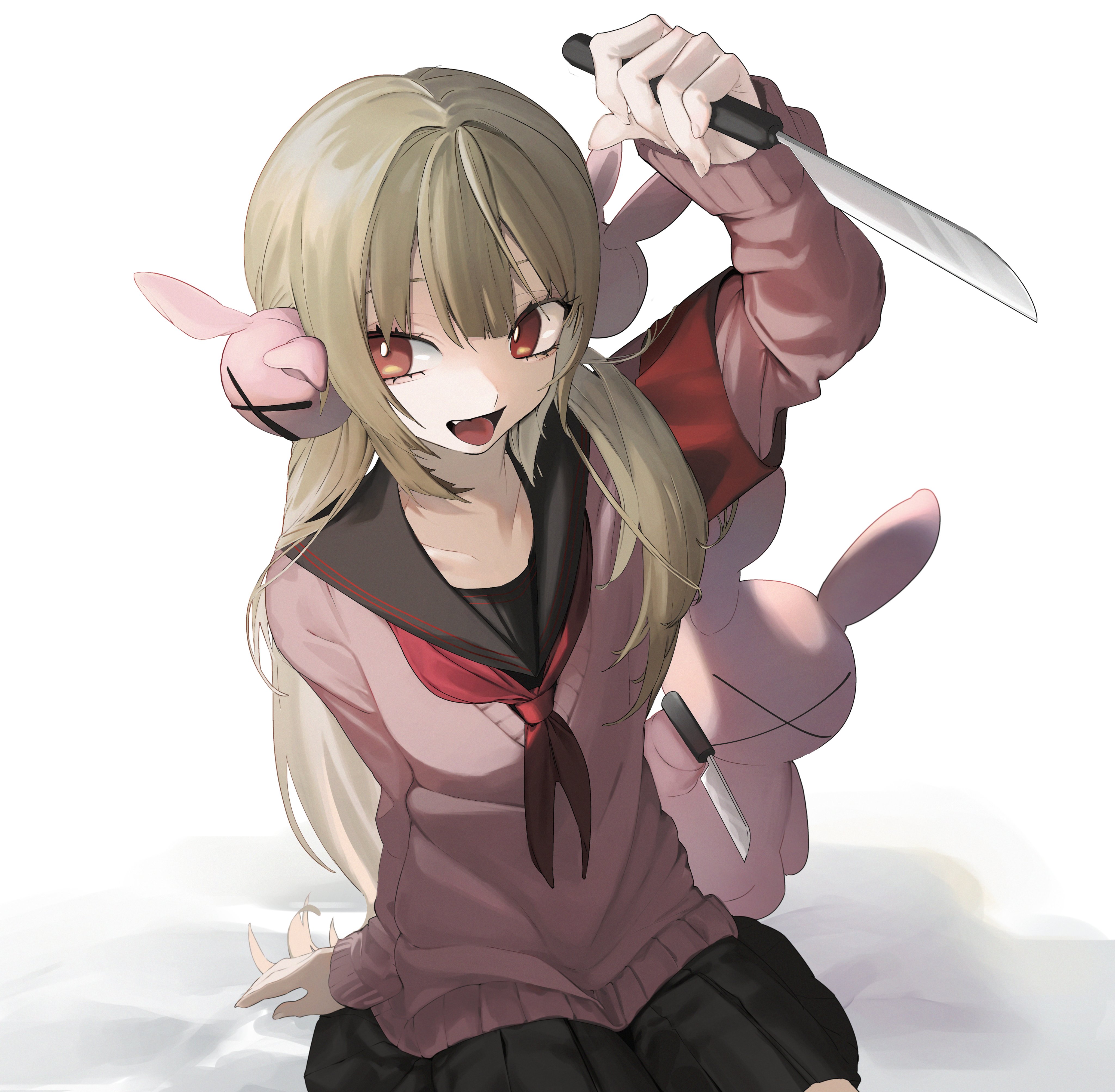 1girl absurdres black_sailor_collar brown_hair cardigan fang hair_ornament hashtag-only_commentary highres holding holding_knife knife long_hair long_sleeves looking_at_viewer natori_sana natori_sana_(school_uniform) neckerchief open_mouth pink_cardigan pleated_skirt rabbit_hair_ornament red_eyes red_neckerchief sailor_collar sana_channel school_uniform simple_background sitting skirt solo stuffed_animal stuffed_rabbit stuffed_toy tongue twintails umashio_potechi-san virtual_youtuber weapon white_background
