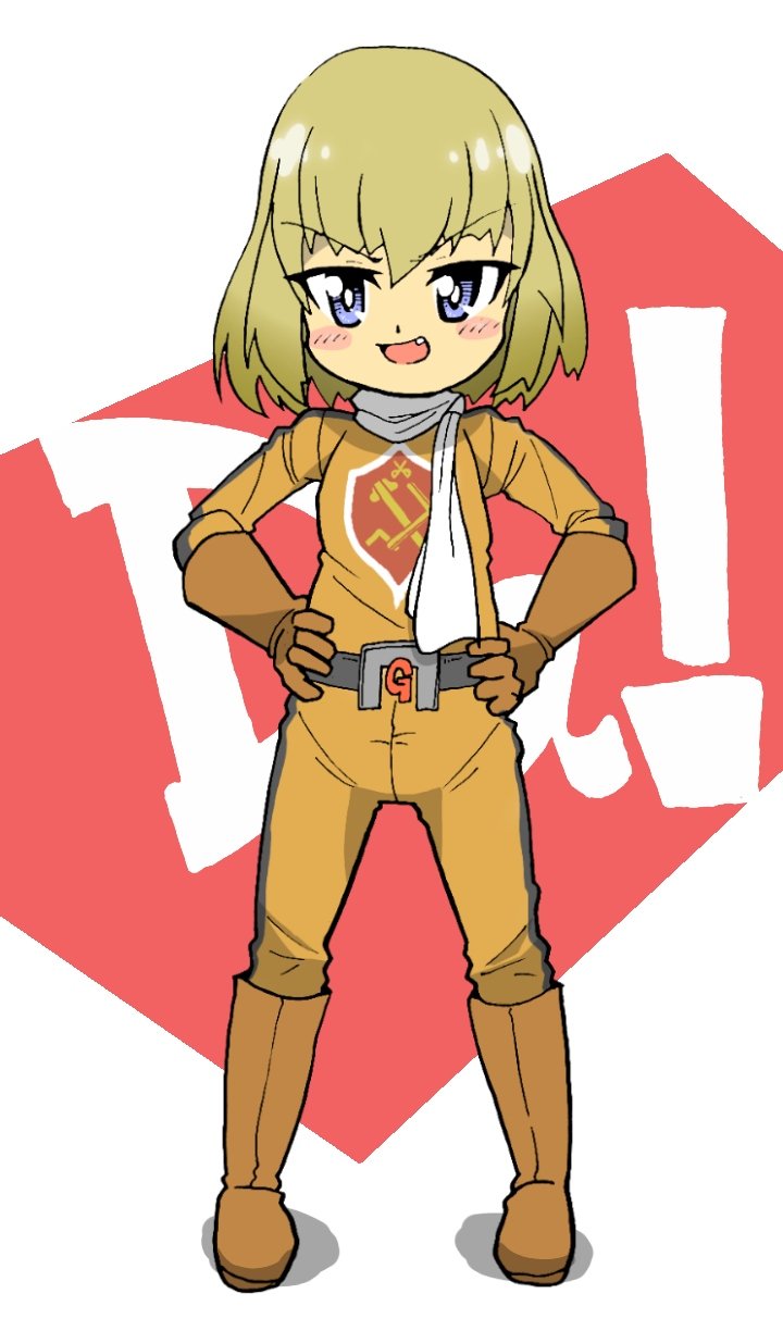 1girl battle_fever_j blonde_hair blue_eyes blush boots cosplay emblem gloves hands_on_own_hips highres katyusha_(girls_und_panzer) long_sleeves looking_at_viewer open_mouth orange_boots orange_gloves orange_suit pravda_(emblem) scarf short_hair simple_background smile solo standing super_sentai teeth white_scarf yamakake_(tororo1293)