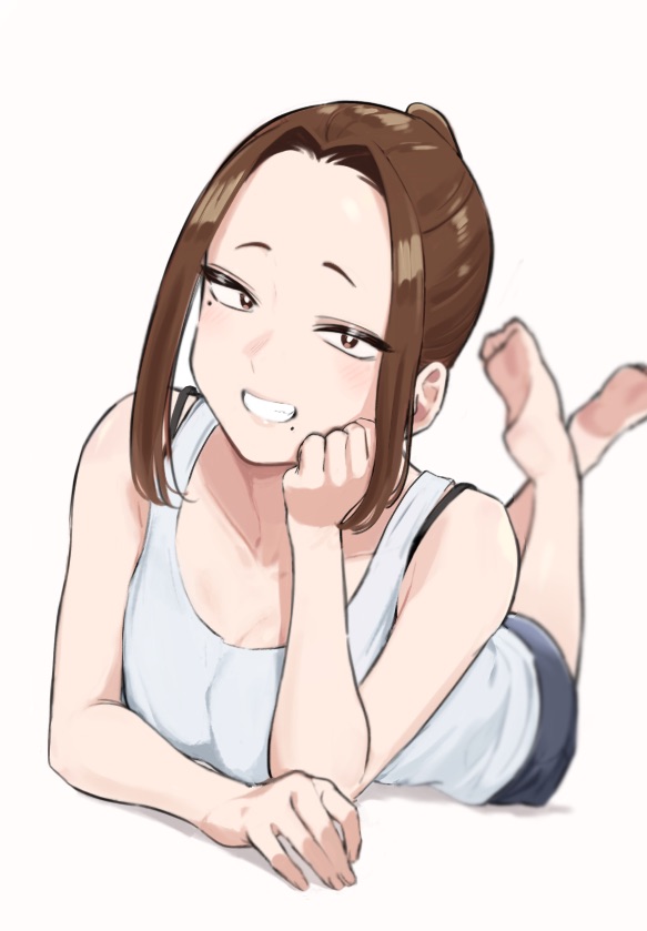 1girl ayatak0517 brown_hair crossed_legs komi-san_wa_komyushou_desu looking_at_viewer lying mole on_stomach onemine_nene shirt smile solo tagme teeth the_pose white_shirt