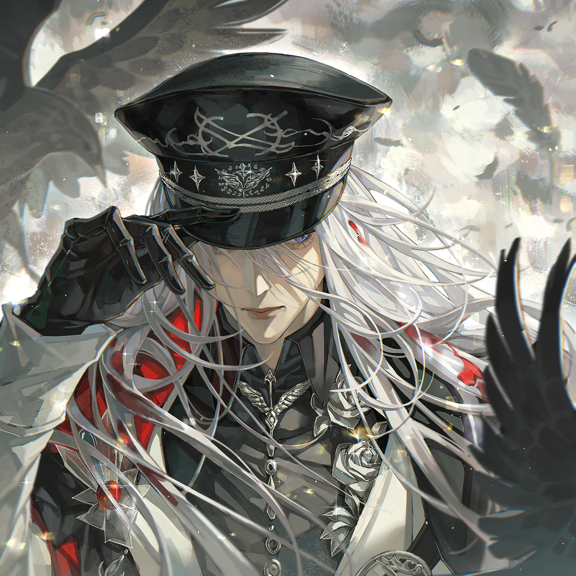 1boy bird black_gloves black_shirt cael_anselm cape closed_mouth duanqishaonur feathers floating_hair flower gem gloves grey_flower hair_between_eyes hair_over_shoulder hand_on_own_hat hat high_collar highres jewelry long_hair long_sleeves looking_to_the_side lovebrush_chronicles male_focus military_hat military_uniform portrait rainbow red_cape red_gemstone shirt sideways_glance solo straight-on white_hair white_sleeves wind