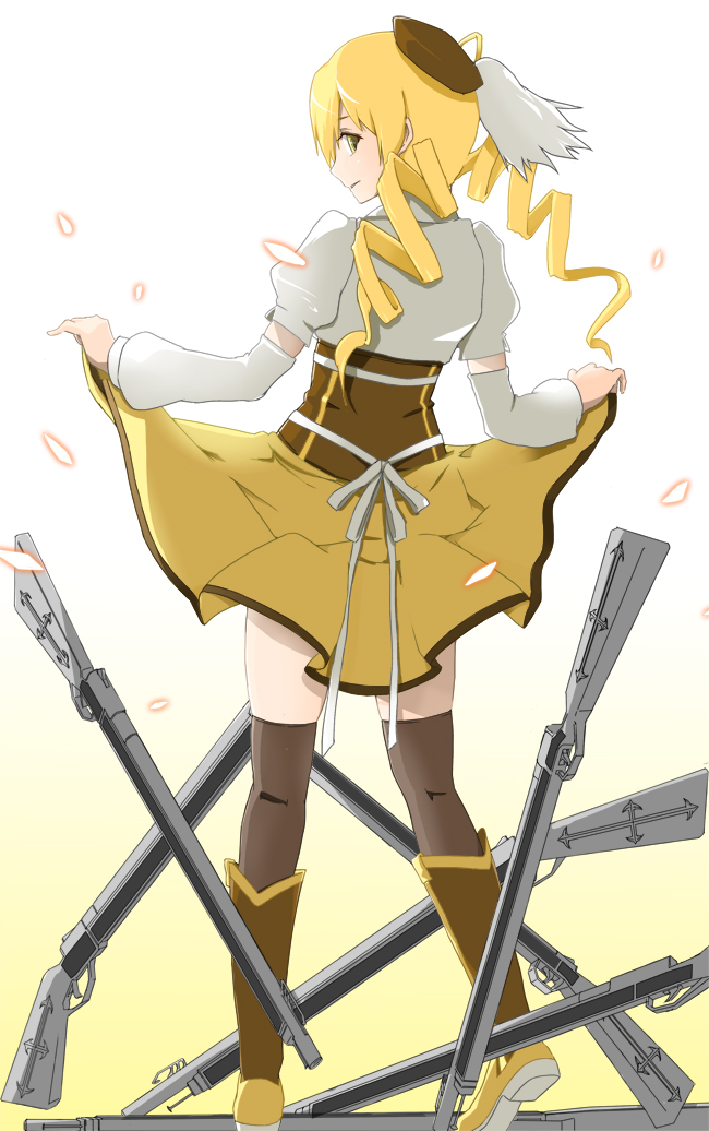1girl bakemonogatari blonde_hair bow clothes_lift derivative_work drill_hair female_focus gun hat kamukamu_(ars) kodansha long_hair looking_at_viewer looking_back mahou_shoujo_madoka_magica mahou_shoujo_madoka_magica_(anime) monogatari_(series) parody petals senjougahara_pose shaft_(company) simple_background skirt skirt_lift solo tomoe_mami tomoe_mami_(magical_girl) twintails weapon white_background yellow_eyes