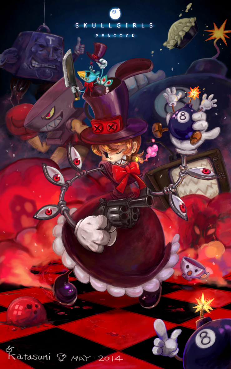 1girl 5boys andy_anvil arm_hair avery_(skullgirls) beak bird bow boxing_gloves character_name cigar colored_sclera cup dress explosion food fuse george_the_bomb gloves grin gun handgun hat knife lenny_the_bomb mechanical_arms multiple_boys muscular one_eye_closed orange_hair peacock_(skullgirls) pie red_eyes revolver ribbon sharp_teeth short_hair skullgirls smile smoke static teacup teeth television tommy_ten-tons top_hat weapon wink yellow_sclera yoinews1023