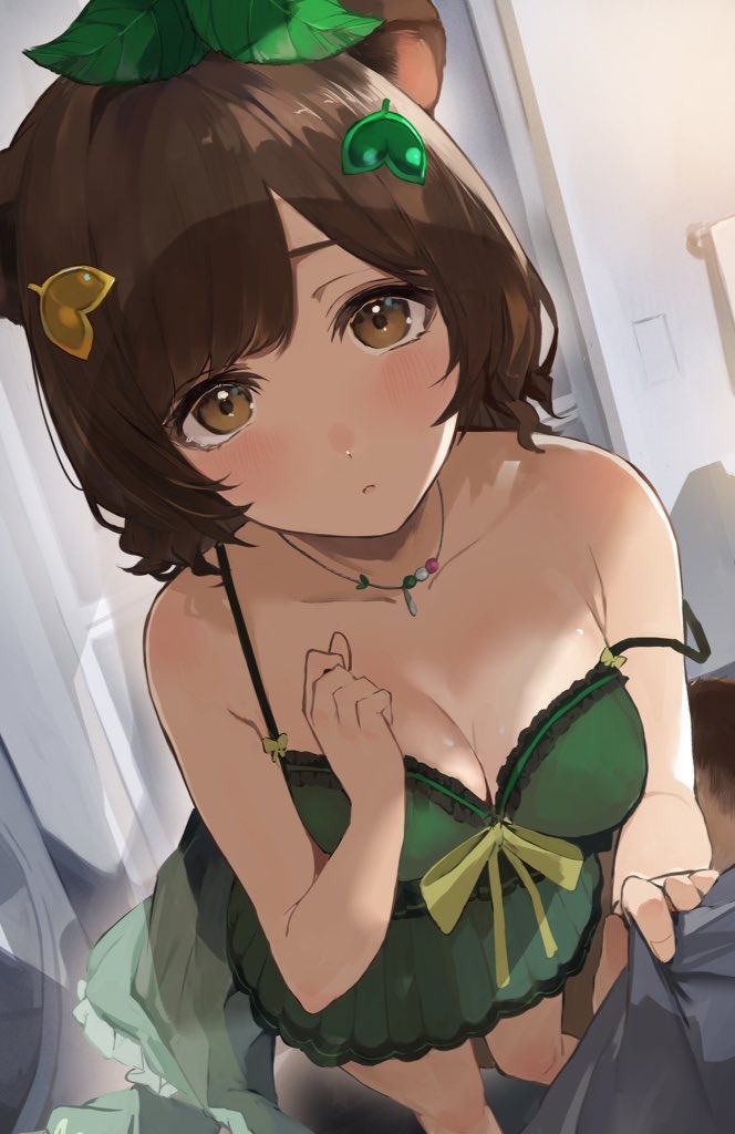 1girl animal_ears babydoll bare_shoulders blush breasts brown_hair brown_tail commission frilled_babydoll green_babydoll hair_ornament hand_up honda_poko indie_virtual_youtuber indoors large_breasts leaf leaf_hair_ornament leaf_on_head long_hair looking_at_viewer parted_lips raccoon_ears raccoon_girl raccoon_tail ribbon skeb_commission solo tail thighs tomochi_(tmc_tmc8) virtual_youtuber yellow_eyes yellow_ribbon