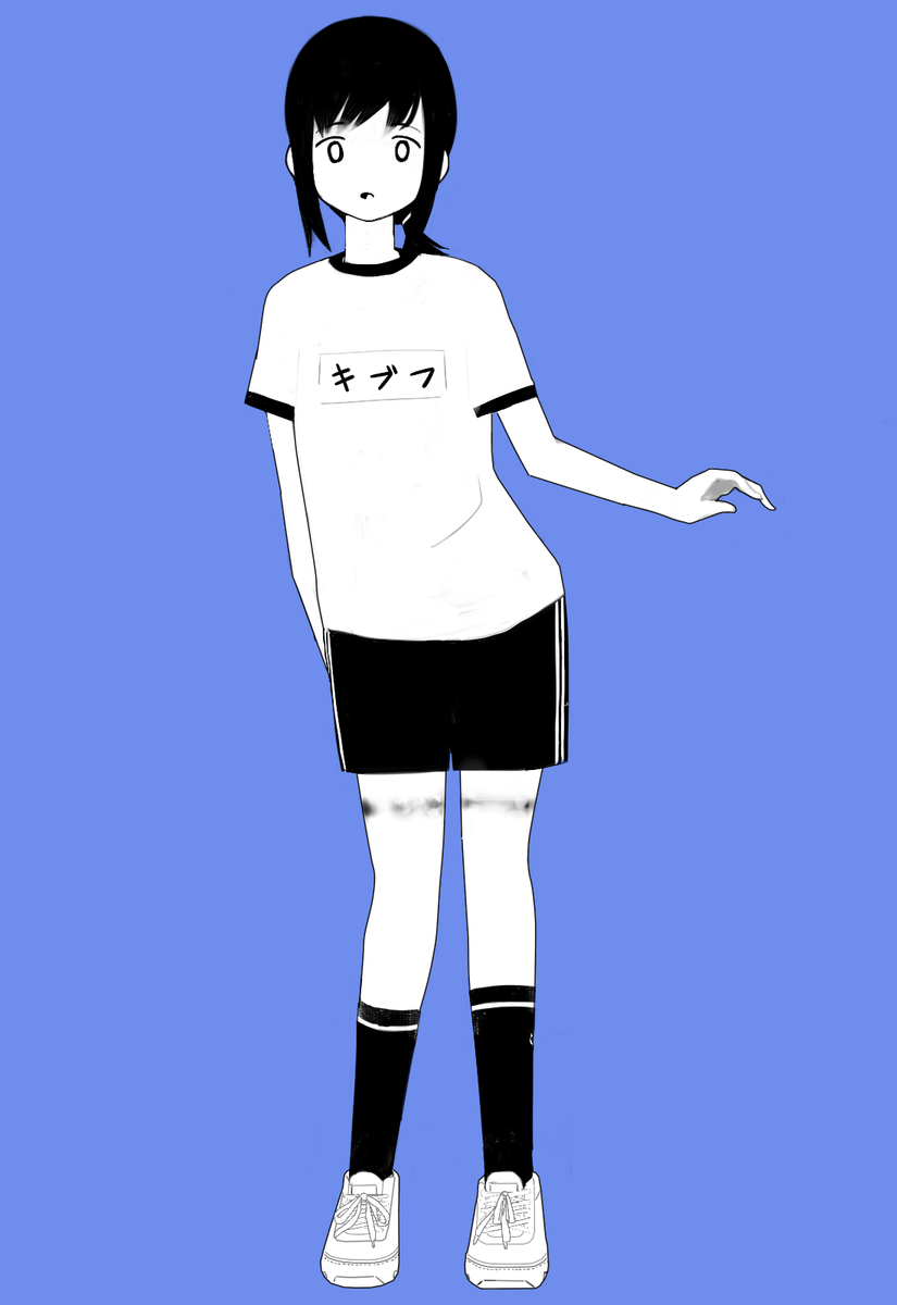 1girl bad_id bad_twitter_id blue_background fubuki_(kancolle) full_body greyscale_with_colored_background gym_shirt gym_shorts gym_uniform hageshii_nakano highres image_sample inactive_account kantai_collection kneehighs long_hair looking_at_viewer low_ponytail name_tag open_mouth ponytail shirt shoes short_ponytail short_sleeves shorts simple_background sneakers socks solo standing twitter_sample
