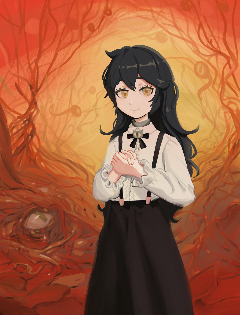 1girl ahoge black_bow black_bowtie black_hair black_suspenders bow bowtie flat_chest flesh fridge_(fridgedraws) frills grimmi_(vtuber) hair_between_eyes highres horror_(theme) indie_virtual_youtuber jewelry light_smile long_hair long_sleeves messy_hair organic own_hands_clasped own_hands_together pale_skin pendant petite sidelocks skirt suspender_skirt suspenders very_long_hair virtual_youtuber yellow_eyes