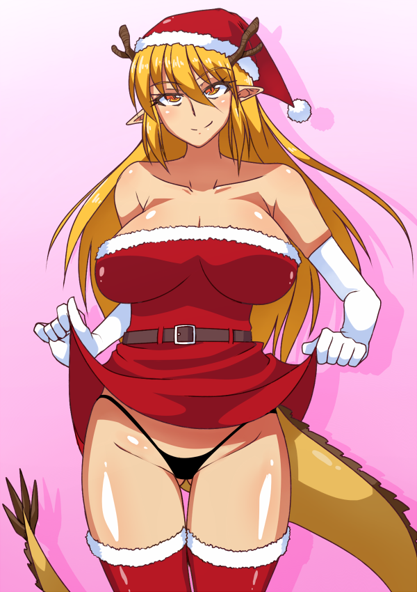 1girl bare_shoulders belt black_panties blonde_hair breasts clothes_lift dragon_girl dragon_horns dragon_tail dress elbow_gloves female_focus flashing fur_trim futaba_channel gloves gradient_background hat highleg highleg_panties horns kouryuu_(nijiura_maids) large_breasts long_hair looking_at_viewer nijiura_maids no_bra orange_eyes panties pointy_ears red_dress red_thighhighs santa_costume santa_hat short_dress simple_background skirt skirt_lift smile solo standing strapless strapless_dress tail thighhighs underwear white_gloves zasshu_nigou