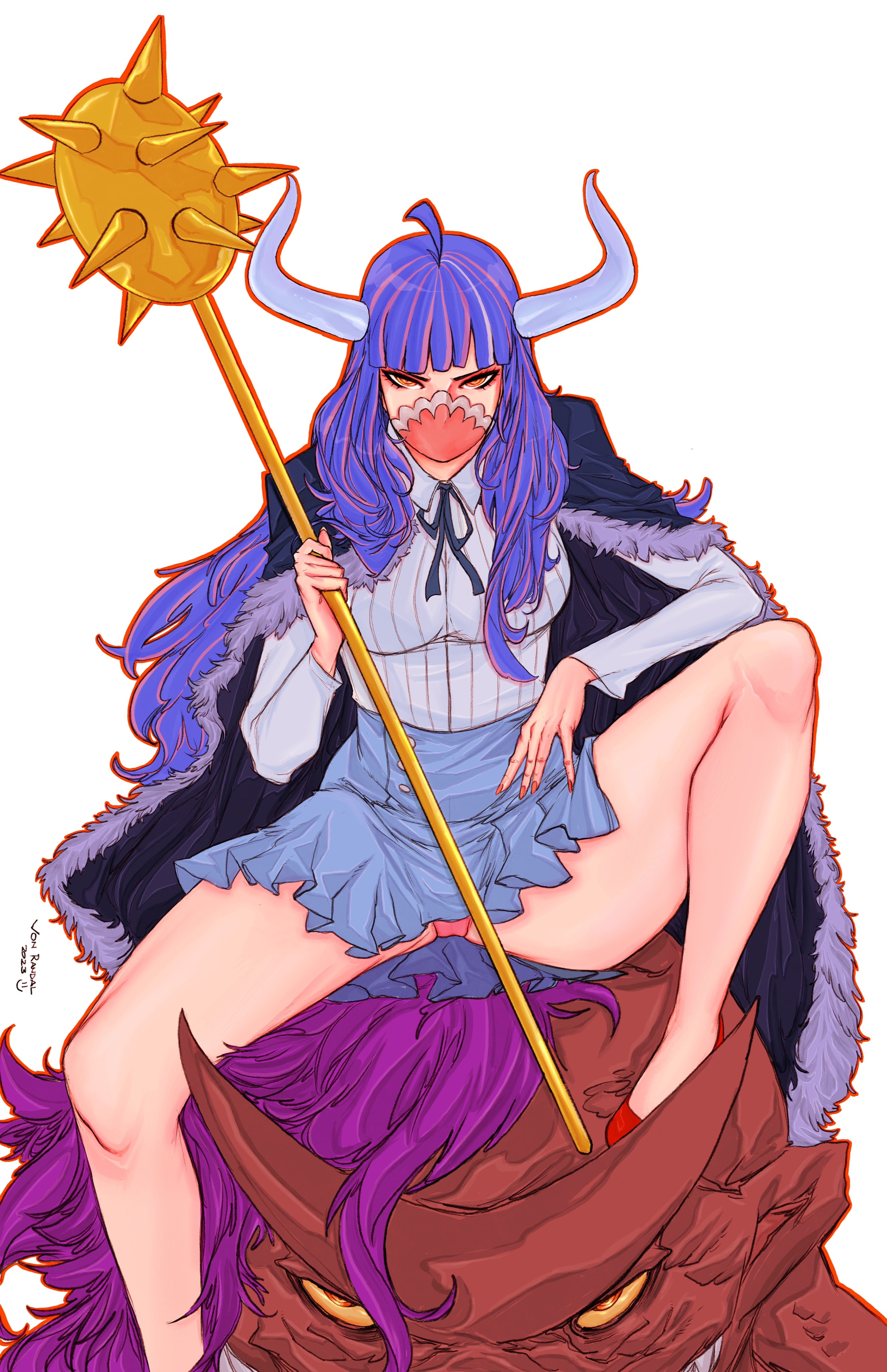 1boy 1girl 2023 absurdres alternate_form artist_name black_cape black_ribbon blue_hair blue_skirt breasts brother_and_sister cape collared_shirt colored_sclera dated dinosaur frown fur_trim highres holding holding_mace holding_weapon horns large_breasts long_hair long_sleeves looking_at_viewer mace mask miniskirt mouth_mask one_piece page_one_(one_piece) panties pink_panties red_footwear red_nails ribbon riding riding_dinosaur shirt siblings simple_background sitting skirt spiked_mace spikes spinosaurus ulti_(one_piece) underwear von_randal weapon white_background white_shirt yellow_eyes yellow_sclera