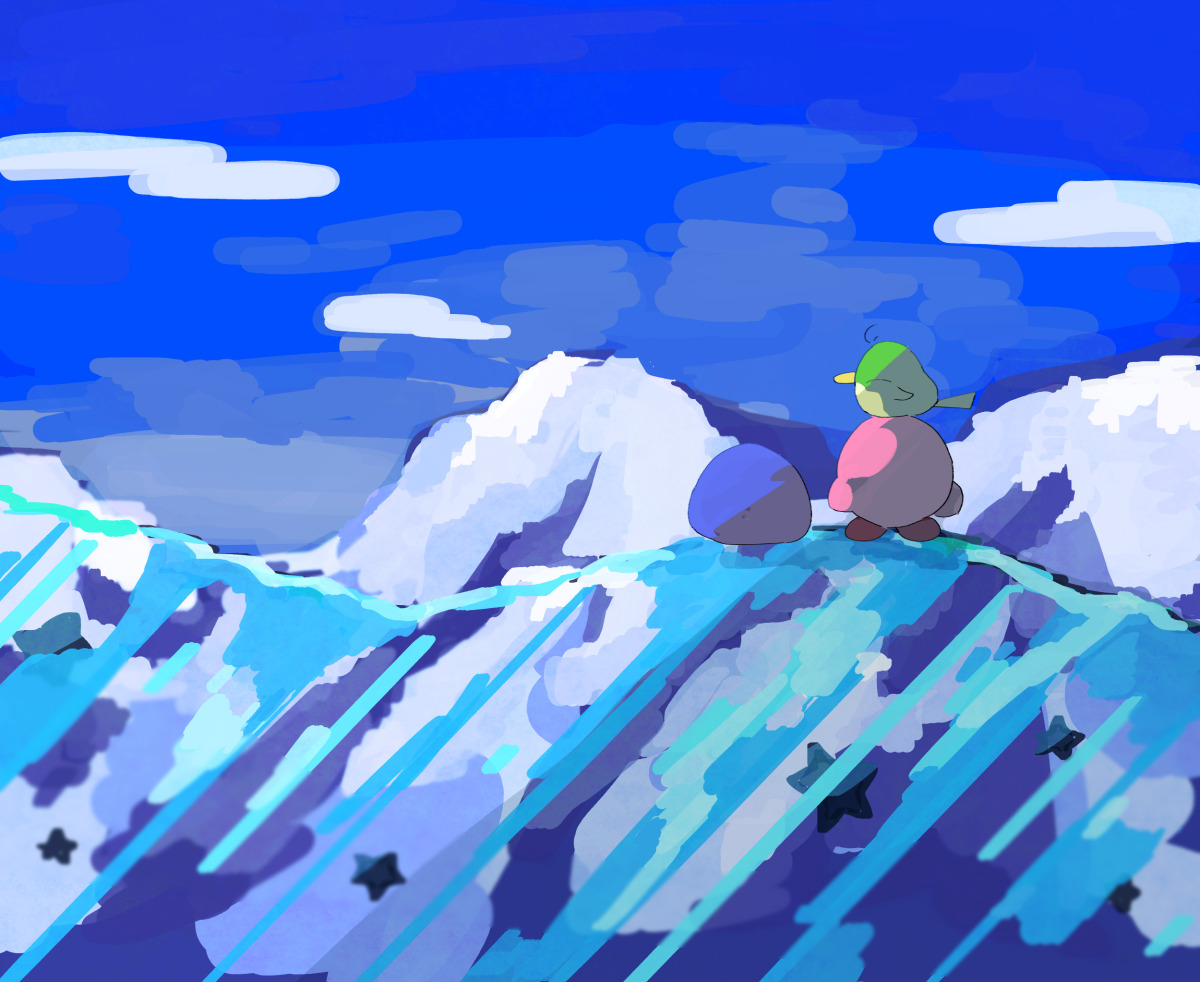 blue_sky gooey_(kirby) ice kirby kirby&#039;s_dream_land_3 kirby_(series) mountain mountainous_horizon nintendo outdoors pitch_(kirby) sky soumenhiyamugi