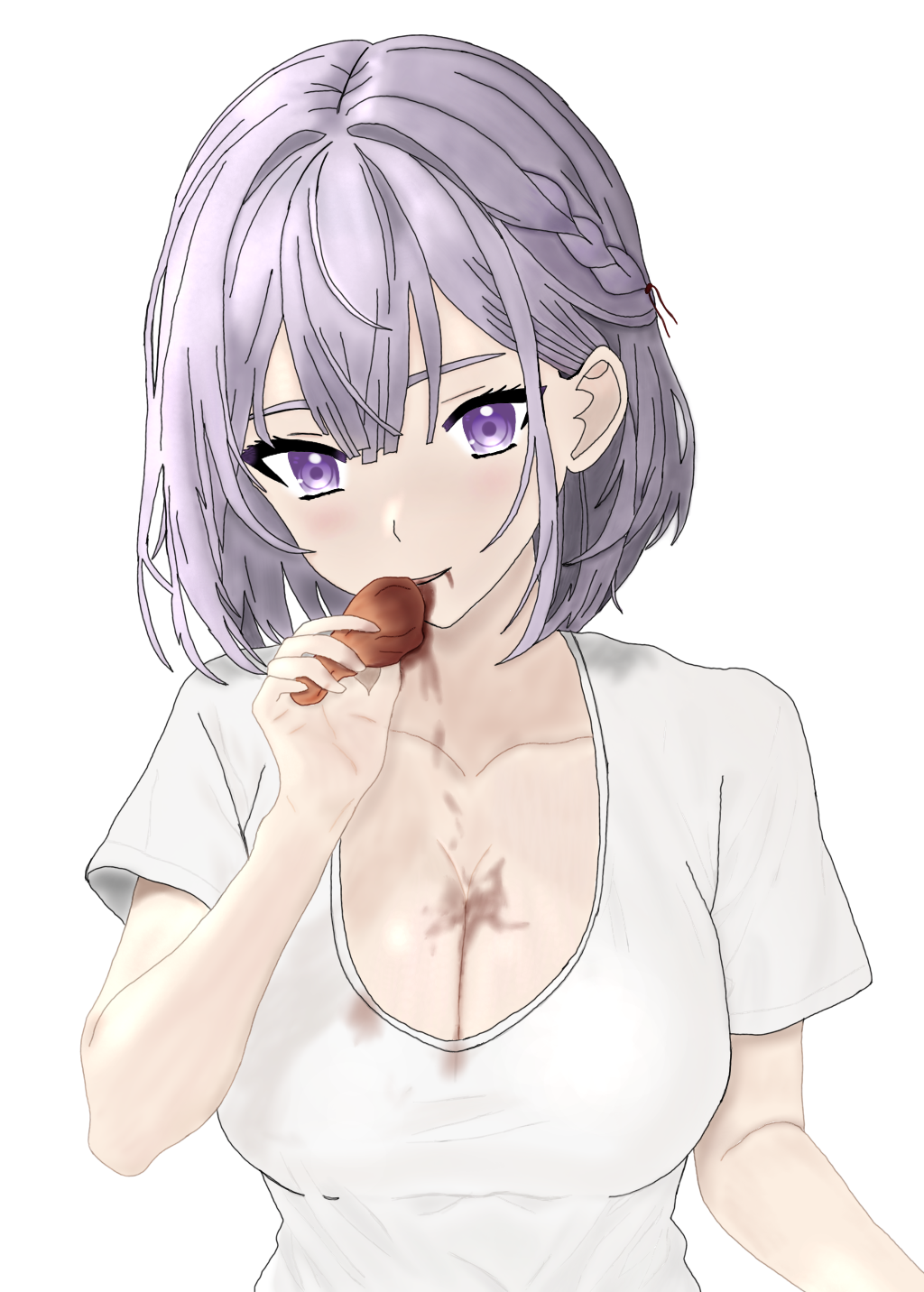 1girl alternate_costume blush breasts chicken_(food) chicken_wing cleavage collarbone commentary eating english_commentary food girls&#039;_frontline grey_hair highres holding holding_food invisibless large_breasts looking_at_viewer medium_hair open_mouth purple_eyes rpk-16_(girls&#039;_frontline) shirt short_sleeves solo upper_body white_background white_shirt