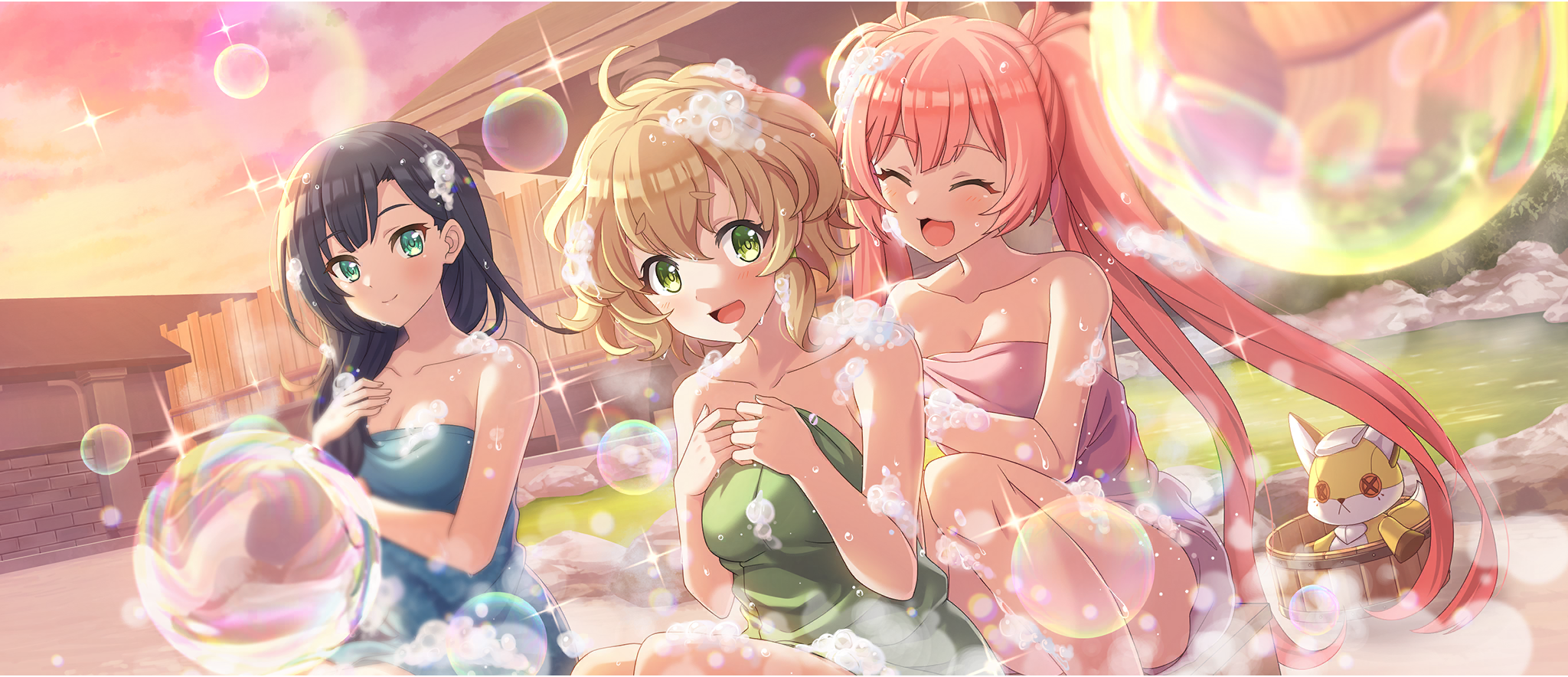 3girls :3 :d ahoge black_hair blonde_hair breasts bucket cielo_(konosuba) cleavage closed_eyes closed_mouth collarbone diagonal_bangs double-parted_bangs erika_(konosuba) furrowed_brow game_cg green_eyes highres kono_subarashii_sekai_ni_shukufuku_wo! konosuba!_fantastic_days large_breasts lia_(konosuba) light_blush light_smile long_hair looking_at_another medium_breasts multiple_girls naked_towel official_alternate_costume official_art onsen open_mouth outdoors parted_bangs pink_hair same-sex_bathing shade shared_bathing short_hair sidelocks single_sidelock sitting small_breasts smile soap soap_bubbles stuffed_animal stuffed_fox stuffed_toy sunset towel twintails very_long_hair washing_another washing_back washing_hair water wavy_hair wooden_bucket wooden_wall