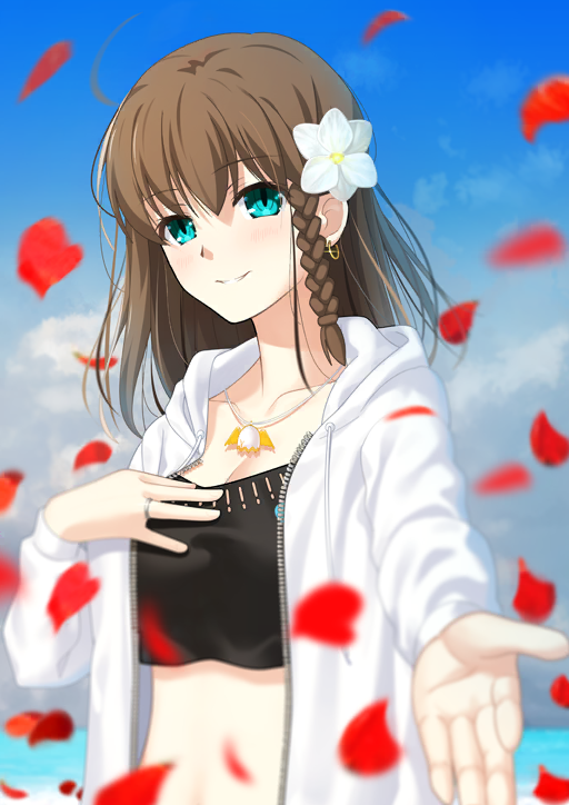 1girl aotsuki_takao aqua_eyes bikini black_bikini blue_sky blurry braided_sidelock breasts brown_hair charlotte_corday_(fate) charlotte_corday_(swimsuit_caster)_(fate) charlotte_corday_(swimsuit_caster)_(first_ascension)_(fate) cleavage cloud collarbone drawstring earrings fate/grand_order fate_(series) flower flower_request game_cg gold_earrings hair_flower hair_ornament hand_on_own_chest hand_up hood hood_down hooded_jacket hoop_earrings horizon jacket jewelry large_breasts long_sleeves looking_at_viewer medium_hair ocean offering_hand official_art open_clothes open_jacket outstretched_arm parted_lips pendant red_petals ring sidelocks sky smile solo swimsuit third-party_source unzipped upper_body white_flower white_jacket zipper