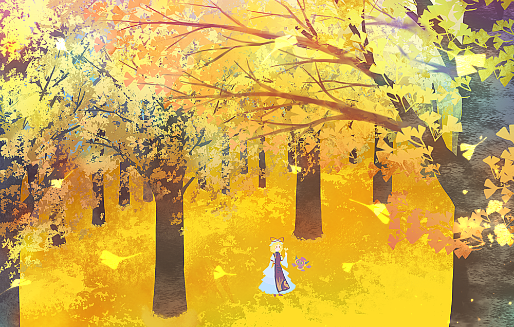 1girl armband autumn autumn_leaves bad_id bad_pixiv_id blonde_hair crossover dress flame_print forest forgotten_artist from_above gen_6_pokemon hair_up hat holding holding_leaf hoopa hoopa_(confined) leaf legendary_pokemon long_sleeves mob_cap mythical_pokemon nature nintendo pokemon pokemon_(creature) purple_footwear shoes sidelocks smile tabard touhou tree white_dress wide_sleeves yakumo_yukari yin_yang