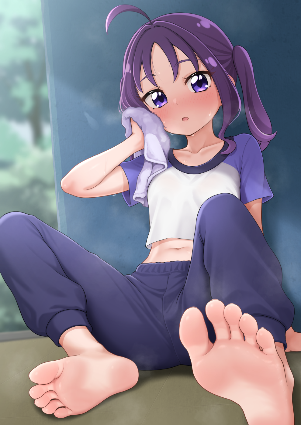 1girl ahoge barefoot blue_pants blush collarbone commentary_request feet foot_focus foreshortening highres hinosaki kimi_to_idol_precure looking_at_viewer midriff navel open_mouth outdoors pants precure purple_eyes purple_hair purple_shirt shigure_kokoro shirt sitting soles solo steaming_body sweat sweatpants t-shirt toes towel twintails two-tone_shirt white_shirt wiping_face
