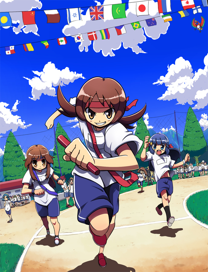 00s 1990s_(style) 6+boys 6+girls bad_id bad_pixiv_id baton bird blue_eyes blue_hair brazilian_flag brown_hair canadian_flag cloud colombian_flag cynthia_(pokemon) czech_flag dawn_(pokemon) day ethan_(pokemon) finnish_flag flag flags_of_all_nations gen_2_pokemon grin gym_uniform headband ho-oh irish_flag israeli_flag japanese_flag kris_(pokemon) leaf_(pokemon) lebanese_flag legendary_pokemon lyra_(pokemon) may_(pokemon) maylene_(pokemon) multiple_boys multiple_girls nintendo npc_trainer palauan_flag panama_flag people&#039;s_republic_of_china_flag pokemon pokemon_(creature) pokemon_dppt pokemon_frlg pokemon_gsc pokemon_hgss pokemon_rse racing relay_baton relay_race retro_artstyle russian_flag shorts silver_(pokemon) sky smile south_korean_flag string_of_flags swimmer_(pokemon) track_and_field tree ukrainian_flag union_jack yellow_eyes yonayo