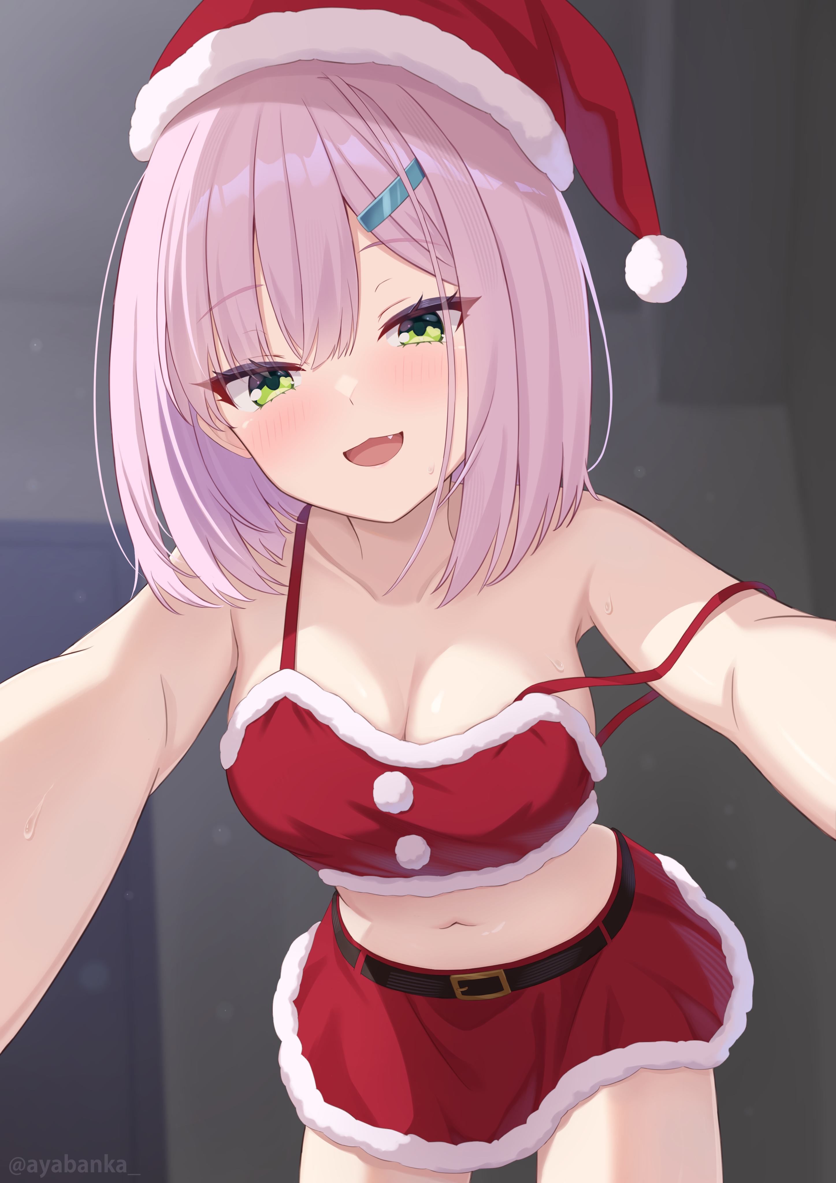 1girl absurdres ayabanka blush breasts cleavage commentary_request crop_top fang from_below fur-trimmed_headwear fur-trimmed_skirt fur_trim green_eyes hair_ornament hairclip hat highres large_breasts looking_at_viewer medium_hair miniskirt navel open_mouth pink_hair red_skirt santa_costume santa_hat skirt smile solo stomach strap_slip tanikaze_amane tenshi_souzou_re-boot! twitter_username