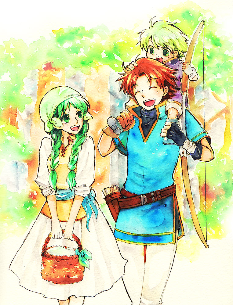 1girl 2boys bad_id bad_pixiv_id basket bow_(weapon) braid brown_hair carrying child father_and_son fingerless_gloves fire_emblem fire_emblem:_the_binding_blade fire_emblem:_the_blazing_blade gloves green_eyes green_hair happy long_hair millipen_(medium) mother_and_son multiple_boys nintendo painting_(medium) pen_(medium) rebecca_(fire_emblem) short_hair shoulder_carry traditional_media twin_braids weapon wil_(fire_emblem) wolt_(fire_emblem)
