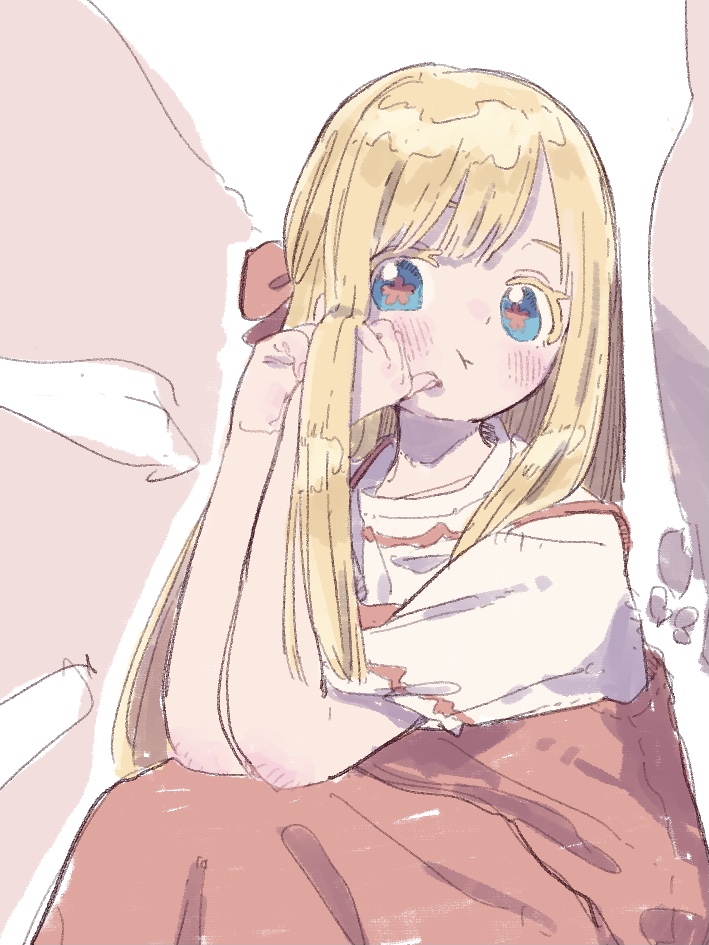 1girl :t blonde_hair blue_eyes blush detached_wings dress flower-shaped_pupils hands_up lily_white looking_at_viewer nama_udon pinafore_dress pink_wings red_dress shirt short_hair simple_background sitting sleeveless sleeveless_dress solo symbol-shaped_pupils touhou white_background white_shirt wings