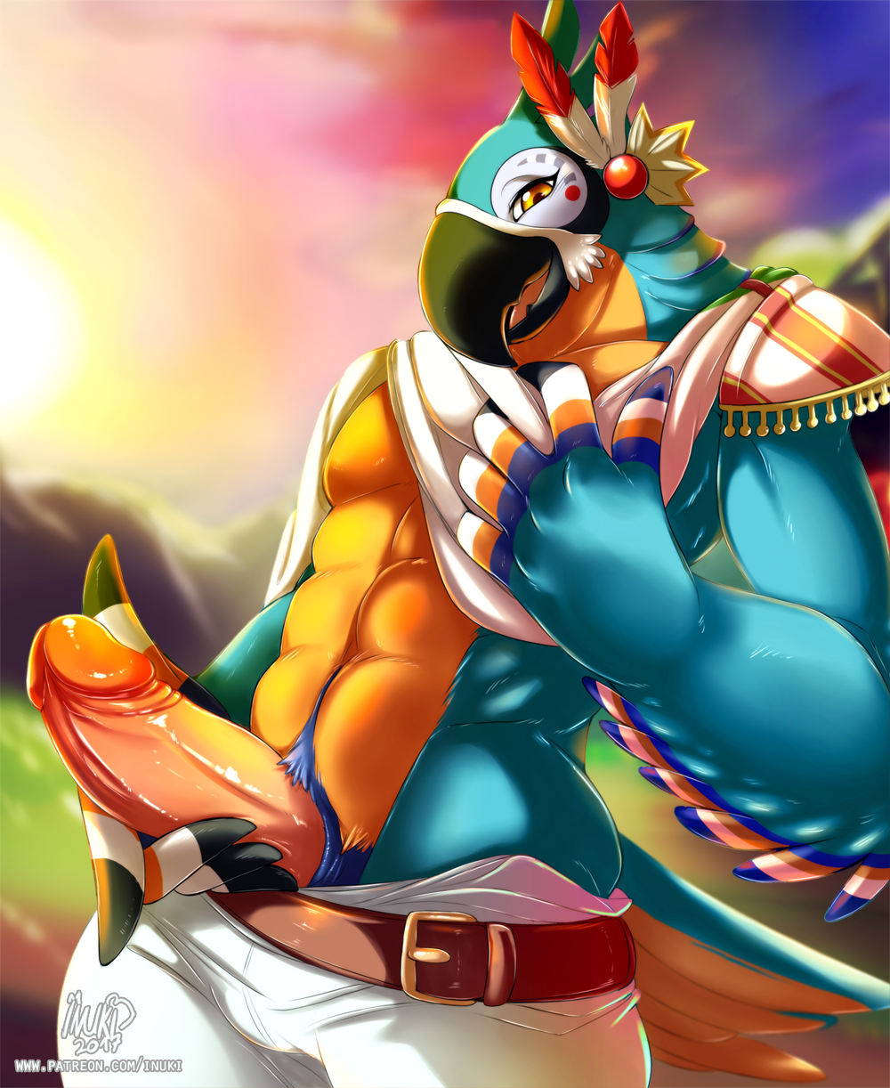 1boy abs beak belly belt brown_eyes fur highres inuki kass male_focus nintendo open_mouth pants penis rito topless_male solo standing stomach the_legend_of_zelda the_legend_of_zelda:_breath_of_the_wild