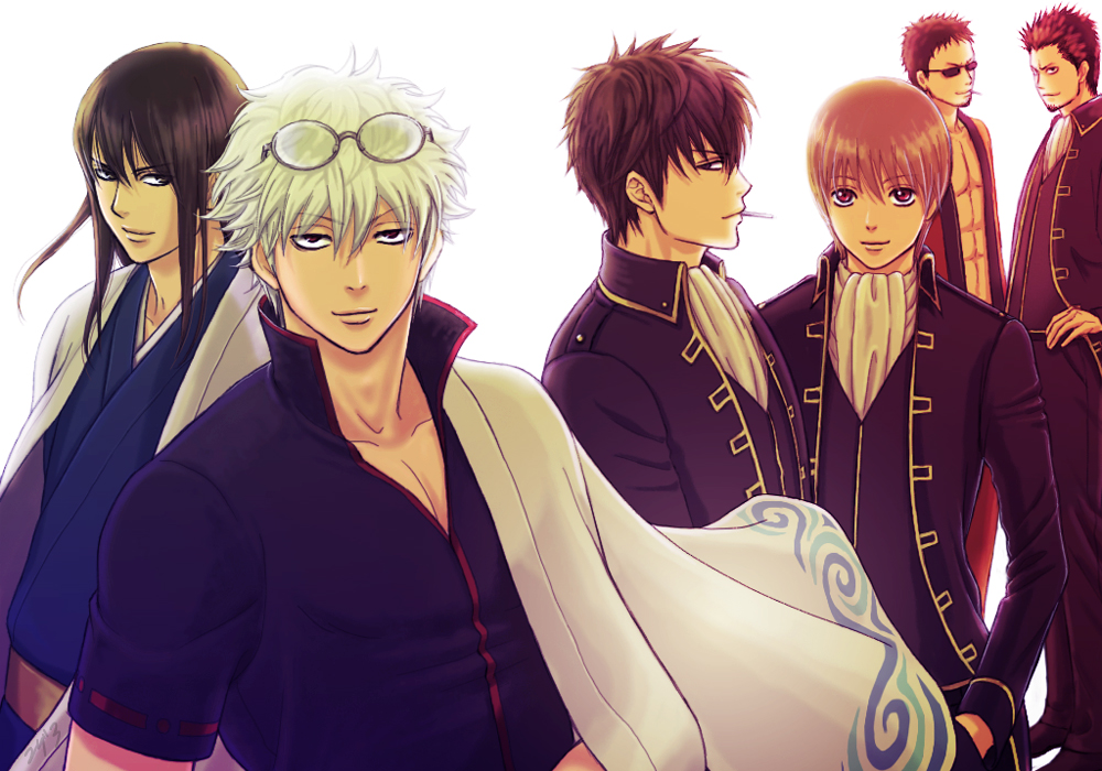 5boys black_hair brown_hair cigarette commentary_request eyewear_on_head gintama glasses hadanugi_dousa hasegawa_taizou hijikata_toushirou japanese_clothes katsura_kotarou kimono kondou_isao long_hair male_focus messy_hair military military_uniform mouth_hold multiple_boys nigella.a okita_sougo open_clothes open_kimono red_hair sakata_gintoki shimura_shinpachi short_sleeves smile smoking sunglasses white_hair