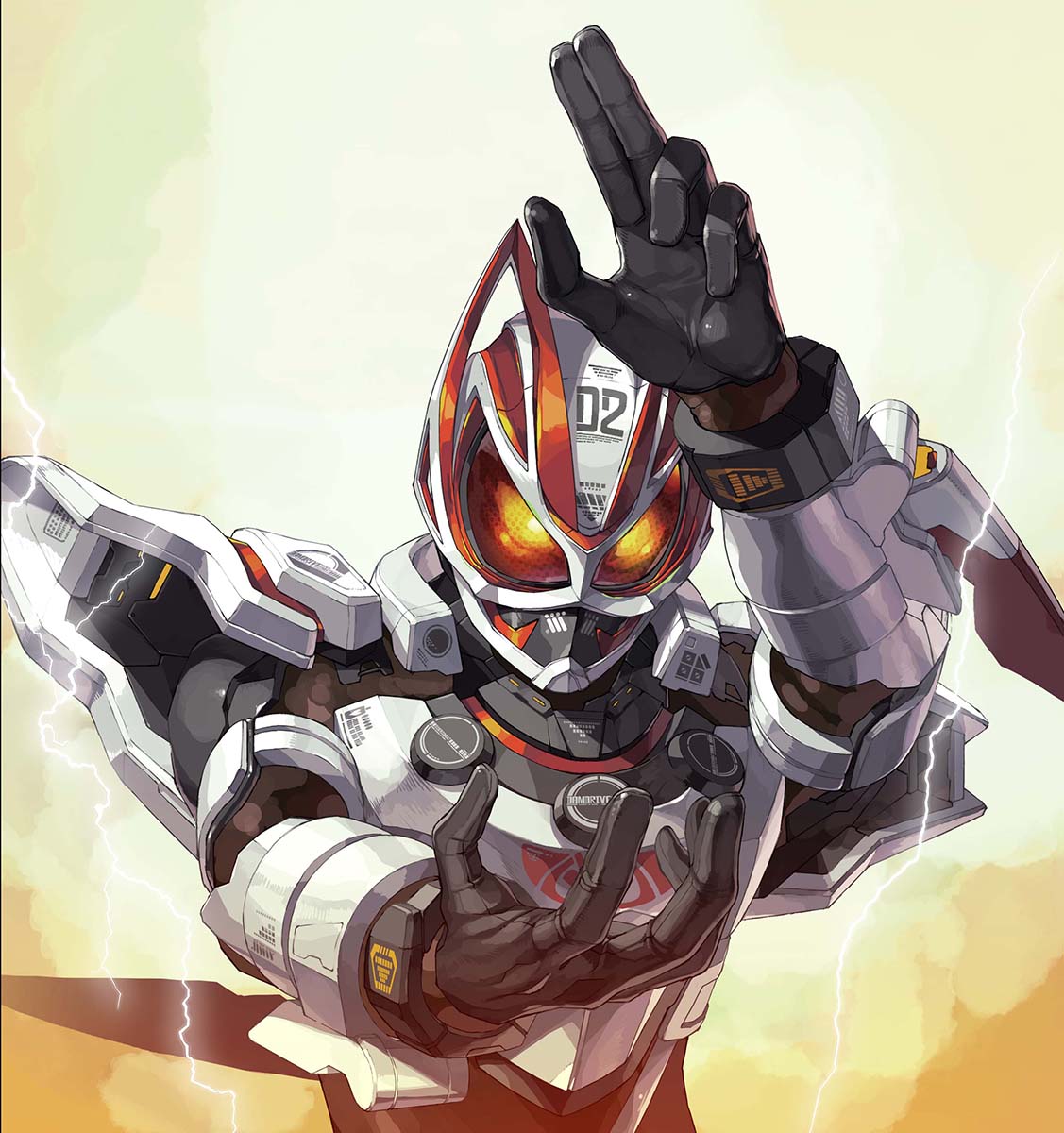 1boy arm_blade armor black_bodysuit black_gloves bodysuit compound_eyes finishing_move fox fox_mask gloves highres kamen_rider kamen_rider_geats kamen_rider_geats_(series) kitsune lightning magnum_boost male_focus mask nishii_(damnedrive) weapon