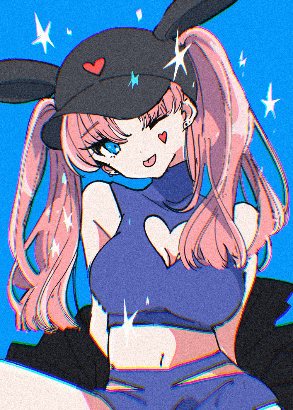 1girl animal_hat black_hat black_jacket blue_background blue_eyes breasts chromatic_aberration cleavage cleavage_cutout clothing_cutout dot_nose earrings eyelashes film_grain hat head_tilt heart highres jacket jewelry long_hair midriff mikkameno_yoru navel one_eye_closed original parted_bangs pink_hair purple_shirt purple_shorts rabbit_hat shirt shorts sitting solo star_(symbol) sticker_on_face stud_earrings tongue tongue_out twintails