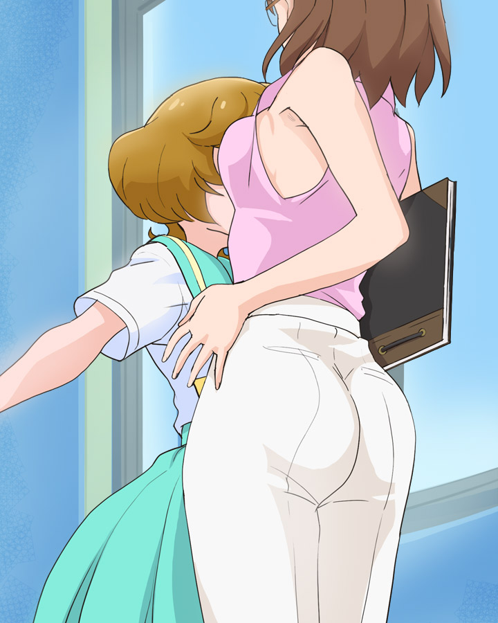 2girls aozora_middle_school_uniform ass breasts brown_hair glasses haruyama_kazunori ichinose_minori medium_breasts multiple_girls pants pink_shirt precure sakuragawa_saki school_uniform shirt short_hair short_sleeves sleeveless sleeveless_shirt tropical-rouge!_precure white_pants