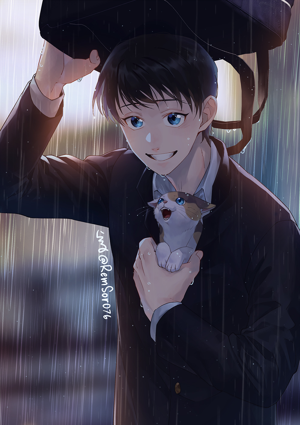 1boy aged_down animal backpack bag bag_over_head black_bag black_hair blue_eyes cat collared_shirt gakuran highres holding holding_animal holding_cat improvised_umbrella looking_at_viewer male_focus meitantei_conan parted_lips rain remsor076 school_bag school_uniform scotch_(meitantei_conan) shirt smile solo twitter_username upper_body wet white_shirt