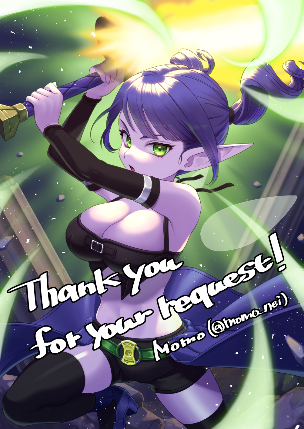 1girl artist_name belt black_shorts black_sleeves black_thighhighs blunt_bangs breasts broken_pillar cleavage colored_skin commentary_request commission detached_sleeves disembodied_wing dragon_quest dragon_quest_x elf_(dq10) fairy_wings floating_clothes floating_hair glowing green_eyes highres holding holding_weapon imminent_attack knee_up large_breasts looking_at_viewer looking_to_the_side midriff momo_nei navel o-ring o-ring_belt open_mouth pointy_ears purple_hair purple_skin shorts skeb_commission solo thank_you thighhighs twintails twitter_username weapon wings