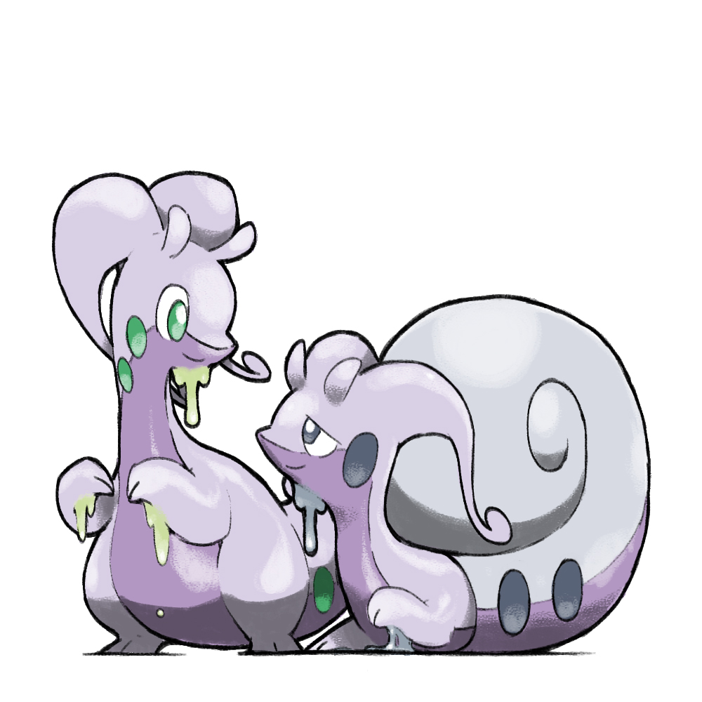 blacknirrow closed_mouth creatures_(company) dragon dripping game_freak gen_6_pokemon goodra green_eyes grey_eyes half-closed_eyes hisuian_goodra looking_at_another nintendo pokemon pokemon_(creature) shell simple_background slime_(substance) smile white_background