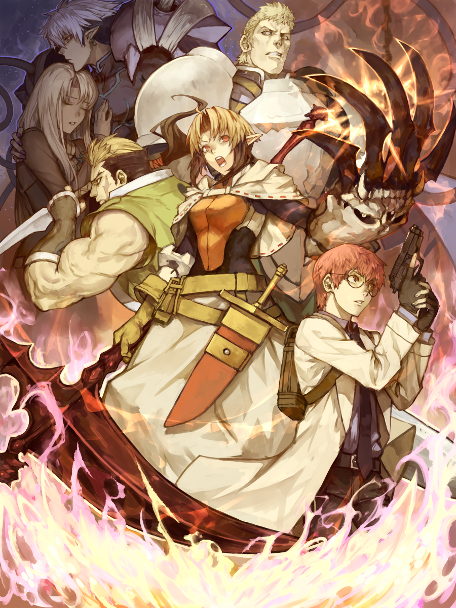 2girls 4boys :o armor armored_dress bad_id bad_pixiv_id black_hair black_necktie blonde_hair brown_hair chick_(spectral_force) claws closed_eyes dress glasses gun handgun highres hiro_(spectral_force) horizon_(sushi0126) jadou_(spectral_force) lab_coat little_snow long_hair multicolored_hair multiple_boys multiple_girls muscular necktie open_mouth pants pistol pointy_ears ponytail red_eyes red_hair sato_(spectral_force) scythe shawl short_hair spectral_(series) spectral_force two-tone_hair weapon white_dress white_hair zakiphon_(spectral_force)