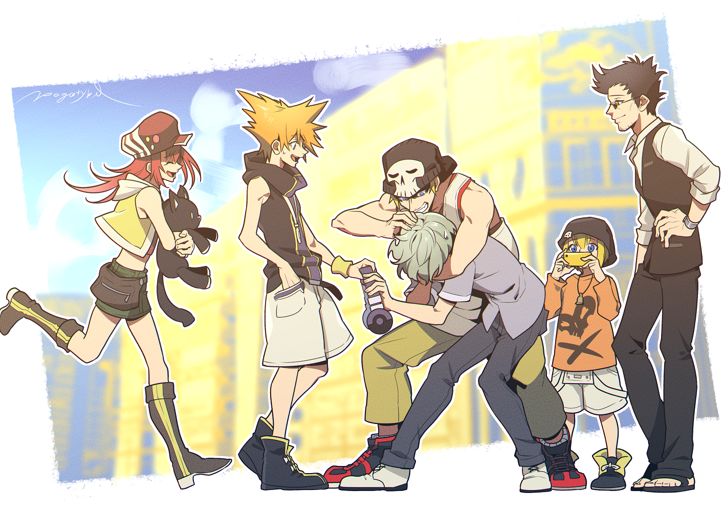 2girls 4boys artist_name bito_daisukenojo bito_raimu black_footwear black_hair black_headwear black_jacket black_pants blonde_hair blue_eyes boots cellphone facial_hair grey_shirt hanekoma_sanae headlock headphones headphones_removed holding holding_stuffed_toy jacket kiryu_yoshiya male_focus midriff misaki_shiki multiple_boys multiple_girls noogie nyantan outdoors pants phone pogatyb pouch sakuraba_neku shirt shoes skullcap sleeveless smile sneakers spiked_hair stubble stuffed_toy subarashiki_kono_sekai sunglasses vest watch white_footwear white_shirt wristwatch