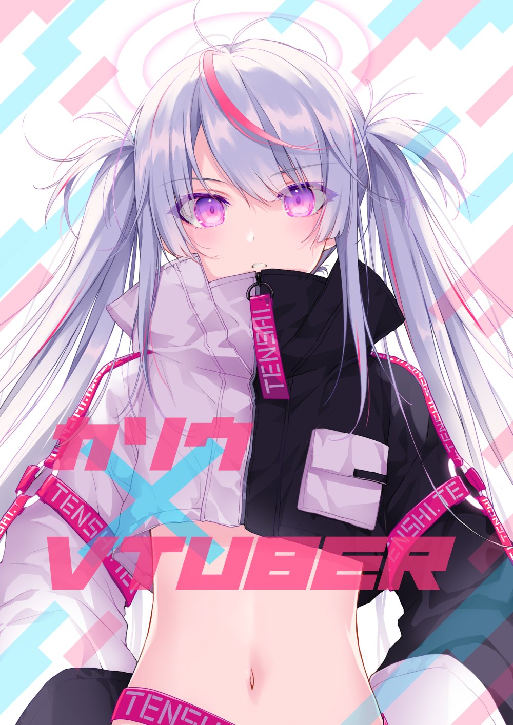 1girl antenna_hair belt black_jacket blush breast_pocket commentary crop_top crop_top_overhang cropped_jacket flat_chest halo highres indie_virtual_youtuber jacket long_hair long_sleeves looking_at_viewer midriff multicolored_hair multicolored_jacket multiple_straps navel nikyuppa original parted_lips pocket purple_eyes romaji_text sidelocks silver_hair solo stomach strap streaked_hair symbol-only_commentary twintails two-tone_jacket upper_body virtual_youtuber white_background white_jacket zipper_pull_tab