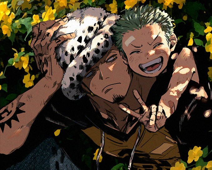 2boys aged_down arm_tattoo bandaid bandaid_on_face bandaid_on_forehead black_hair black_hoodie black_tank_top chest_tattoo child closed_eyes cosplay denim earrings facial_hair floral_background flower furrowed_brow goatee green_hair hand_on_own_head hand_tattoo hat head_tilt hood hood_down hoodie jewelry kalk0011 leaning_on_person looking_at_another lowres male_focus multiple_boys one_piece roronoa_zoro roronoa_zoro_(cosplay) shadow sitting sleeves_rolled_up smile tank_top tattoo teeth time_paradox trafalgar_law two-tone_hoodie upper_body v yellow_flower yellow_hoodie