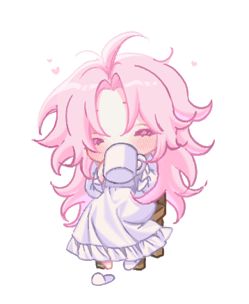 1boy ahoge chair chibi chibi_only closed_eyes colored_eyelashes commentary_request crossdressing crossdressing_(mtf) cup dalli_coe dress drinking frilled_dress frills happy hatsutori_hajime heart holding holding_cup korean_commentary long_hair long_sleeves lowres male_focus mug on_chair pink_hair saibou_shinkyoku shoes simple_background single_slipper sitting slippers solo trap white_background white_dress white_shoes white_slippers