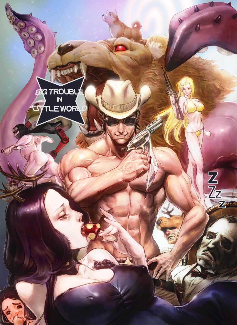 3girls 5boys antlers bikini breasts chindouchuu!!_pole_no_daibouken covered_erect_nipples cowboy cowboy_hat cowboy_shot cowboy_western dog eating fujiwara_hisashi gun hand_on_own_hip handgun hat highres horns large_breasts lion multiple_boys multiple_girls muscular mushroom nude panties revolver sega sleeping sunglasses swimsuit tentacles underwear vito_corleone weapon western zzz