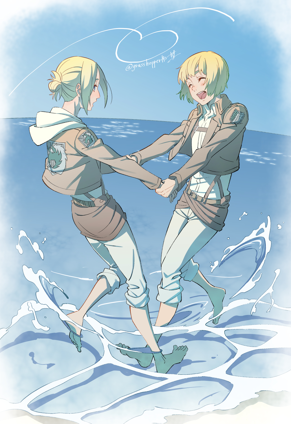 1boy 1girl ^_^ annie_leonhart armin_arlert artist_name barefoot belt blonde_hair blue_eyes brown_belt brown_jacket closed_eyes collared_shirt commentary_request cropped_jacket dancing facing_another grasshopper193 hair_bun highres holding_another&#039;s_wrist holding_another&#039;s_wrists hood hood_down jacket light_blush long_hair long_sleeves looking_at_another military_police_brigade_(emblem) ocean open_mouth pants pants_rolled_up shingeki_no_kyojin shirt short_hair sidelocks smile splashing survey_corps_(emblem) teeth twitter_username upper_teeth_only very_long_hair wading white_pants white_shirt